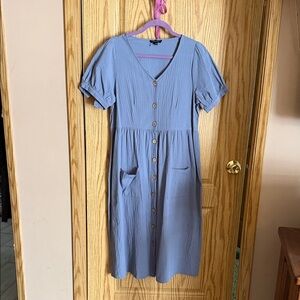 Rachel Blue V-Neck Midi Dress with Pockets